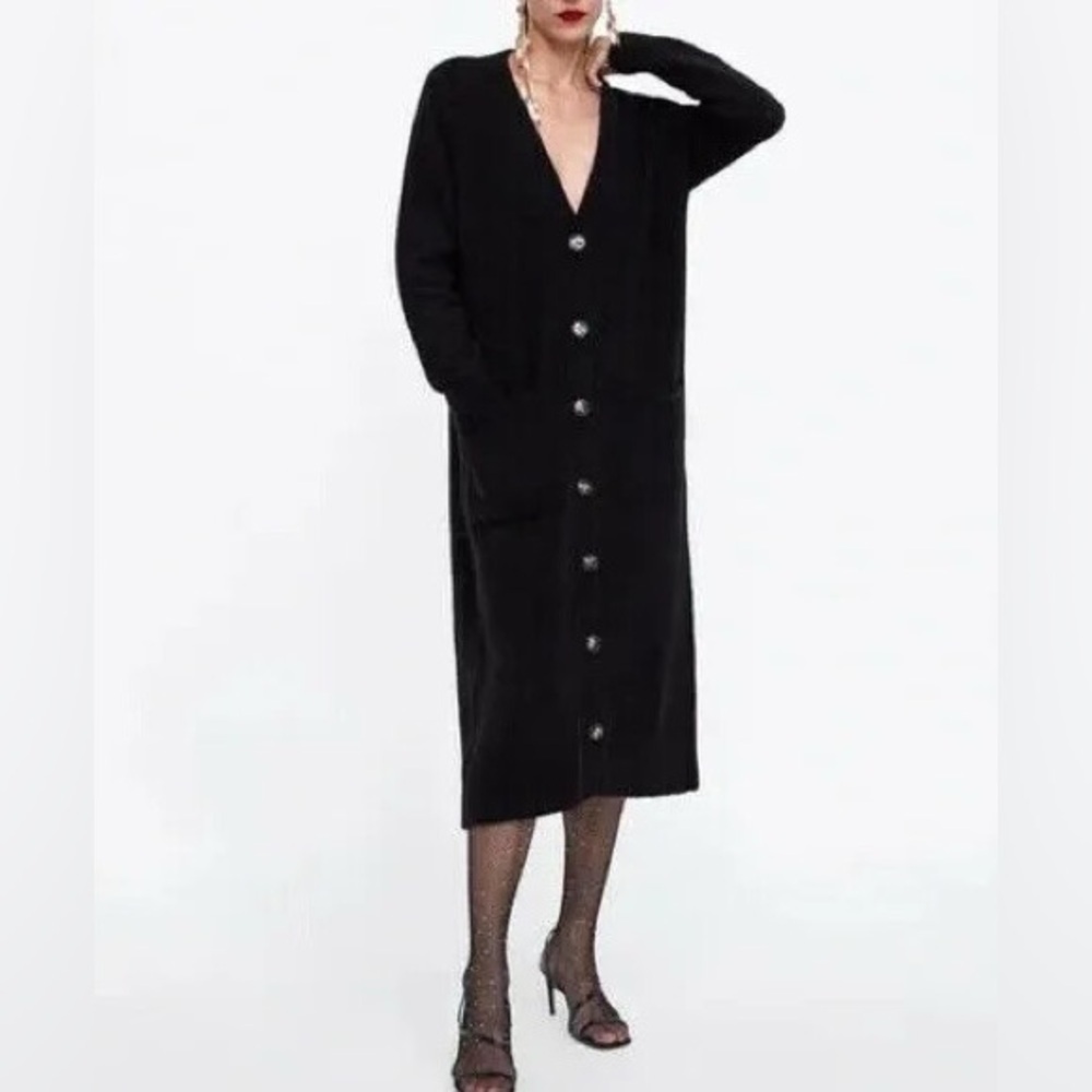 Zara Black Finely Ribbed Midi Sweater Dress with V-Neck & Front Patch Pockets, S